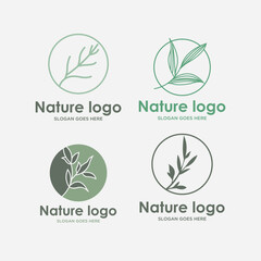 Tropical plant Logo set. Round floral emblem in circle n linear style. Vector abstract badge for design of natural products, flower shop, cosmetics, ecology concept, wellness, spa, yoga Center.