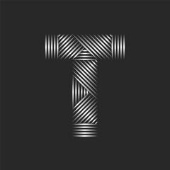 Logo T letter pattern artistic monogram, typographic mark metallic design, silver gradient parallel thin lines grid, overlapping stripes, stylish calligraphy mark creative design.