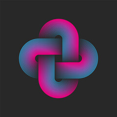 Interlacing logo of two ovals in the shape of a cross or plus symbol, linear creative design emblem print from parallel lines pink blue gradient. - obrazy, fototapety, plakaty