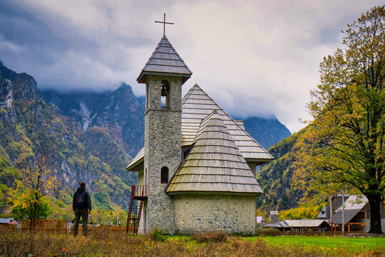 Autumnal view of Thethi National Park in Northern Albania showing clouds and the spectacular colors of Autumn. 