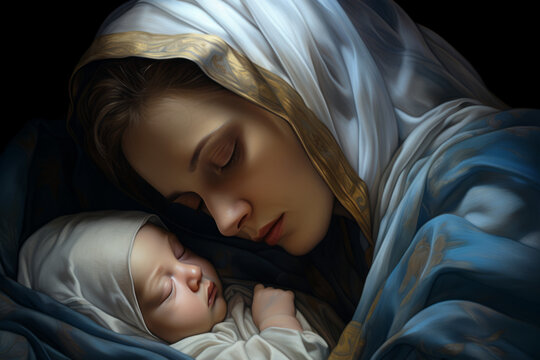 The mother and child, depicted in art painting, reimagined religious art.
