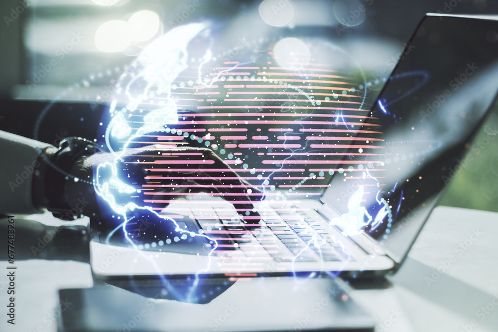 Poster double exposure of abstract digital world map with connections and hand typing on computer keyboard 