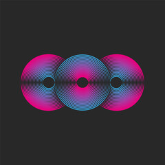 Three circles in a row logo from parallel thin lines, rounded linear simple shapes from bright blue pink gradient.