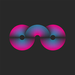 Two circles of the logo made of thin parallel lines connected by an arc bridge, creative round geometric shapes blue pink gradient in the power of cyberpunk.