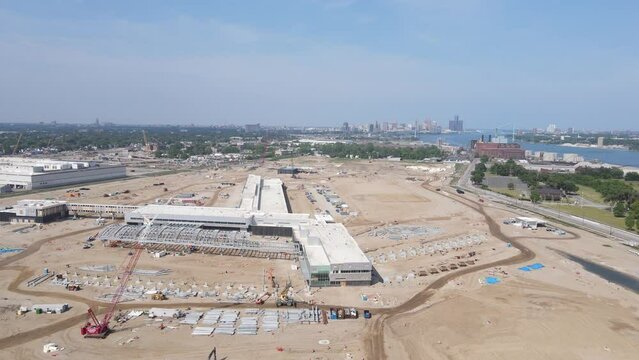 Construction site for customs plaza for new Gordie Howe bridge, aerial view