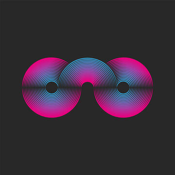 Two circles of the logo made of thin parallel lines connected by an arc bridge, creative round geometric shapes blue pink gradient in the power of cyberpunk.