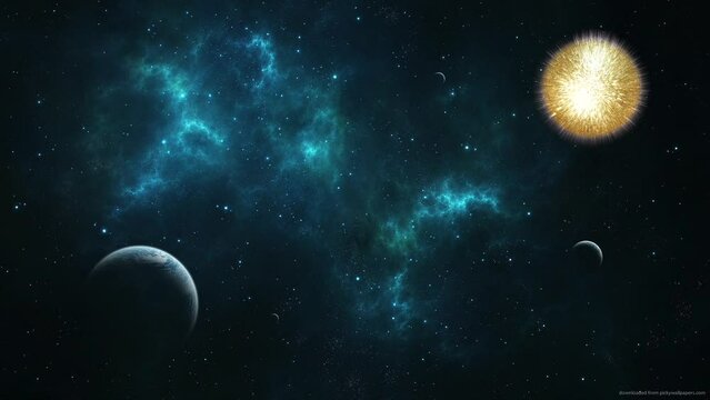 This is a composited video showing a sun slowly spinning in a galaxy with other planets and space gases