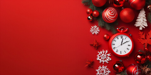 Christmas red background with clock and decor in red and gold colors