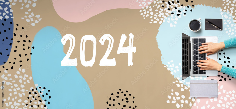 Poster 2024 new year concept with person using a laptop computer