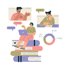 Business Concept with Man and Woman Character Meet in Network Conference Discuss Vector Illustration