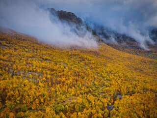 Autumnal view of Thethi National park showing clouds sand the beautiful colors of Autumn. 