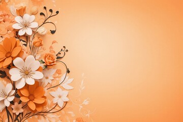 Fototapeta na wymiar Design elements on a basic orange paper texture background. Background for party, birthday, wedding or graduation invitation card in orange color with floral elements in soft art style. Generative Ai.
