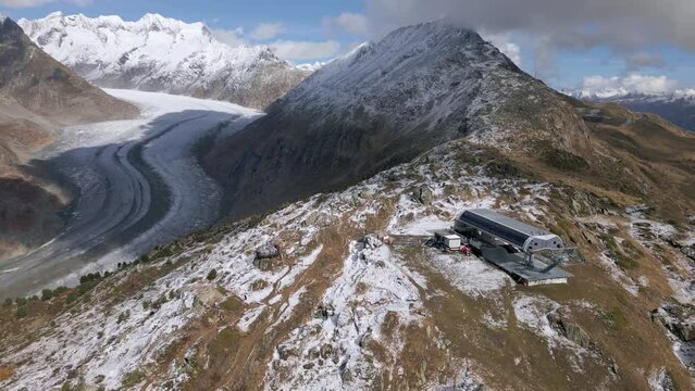 Aerial View Of Moosfluh Gondola Lift Station With Aletsch Glacier In Switzerland.