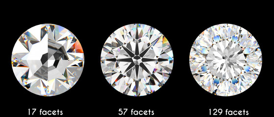 Round shaped, variously cut diamonds. Single cut 17 facets, brilliant cut 57 facets, modified cut 129 facets. Front view isolated on black background.