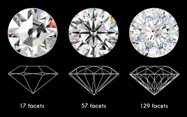 Round shaped, variously cut diamonds. Single cut 17 facets, brilliant cut 57 facets, modified cut 129 facets. Front view with facet diagrams, isolated on black background. - obrazy, fototapety, plakaty