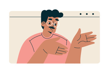 Business Concept with Man Character at Network Conference Meeting Vector Illustration