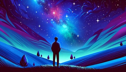 Fototapeta premium Starry Inspiration: A Tranquil Hilltop Gaze