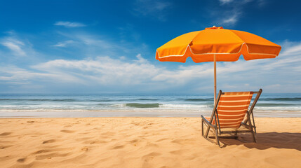 Fototapeta na wymiar Beach chair and umbrella on the sandy beach with blue sky background