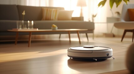 Robotic vacuum cleaner on a floor in cozy modern living room. Generative AI