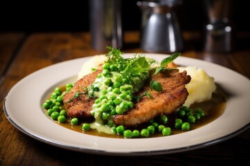 Breaded chicken escalope or chicken schnitzel with potatoes and green peas. Golden crispy fried...