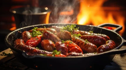 Foto op Plexiglas Grilled sausage in a frying pan on the table. Generative AI © kardaska