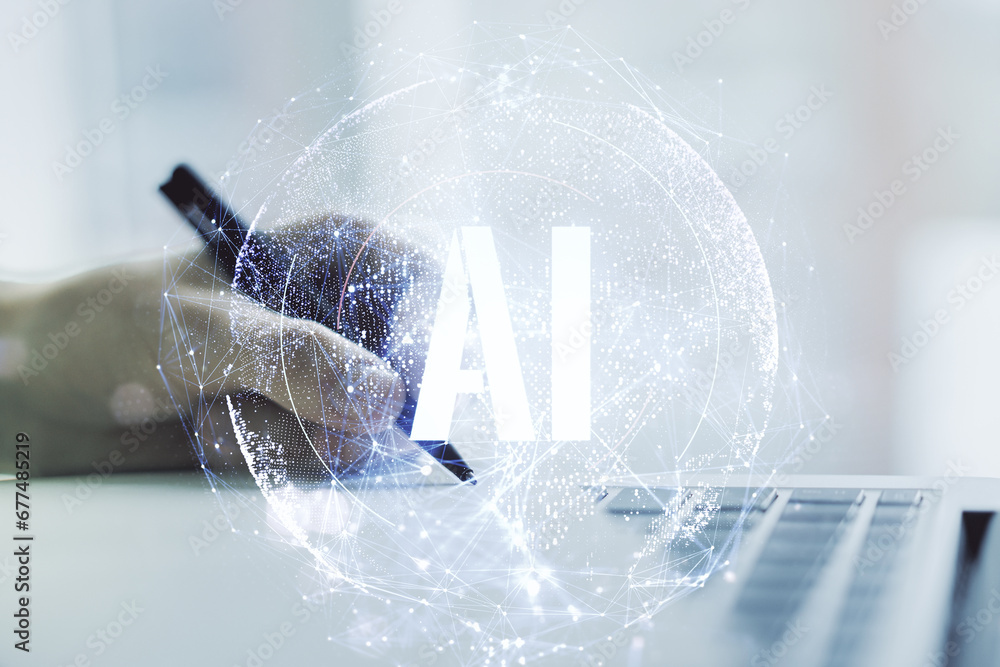 Poster creative artificial intelligence symbol concept with hand writing in diary on background with laptop