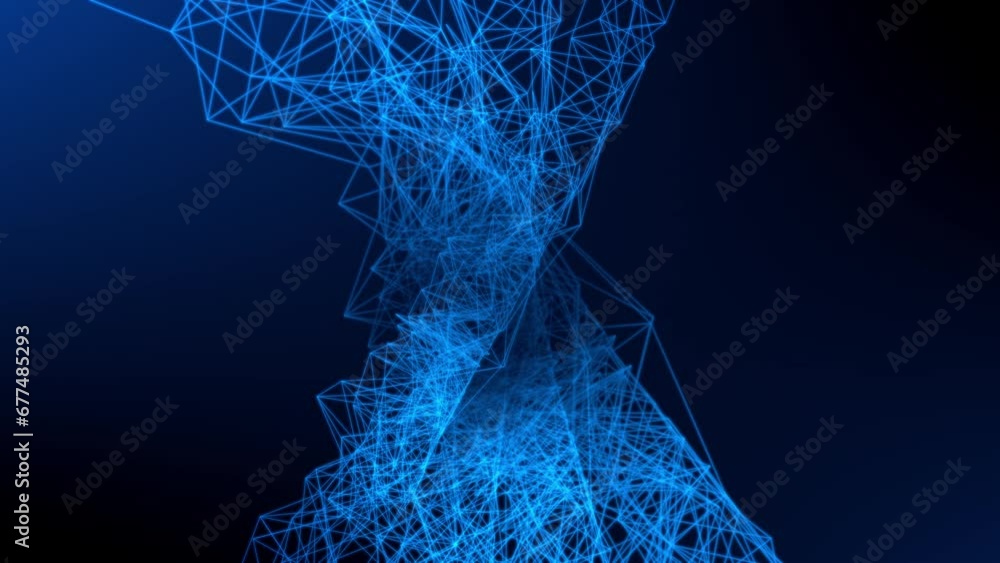 Poster cloud of lines forming a blue integrated and complex moving abstract mesh in space