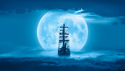 Sailing old ship in a storm sea with full moon stormy clouds in the background 