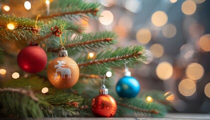 A close-up view of a festive Christmas tree adorned with brightly colored decorations, with a focus on the colorful baubles.