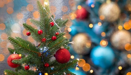 A close-up view of a festive Christmas tree adorned with brightly colored decorations, with a focus...