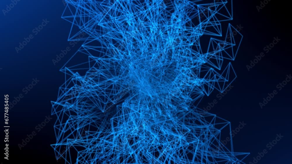Poster connecting blue lines in space forming an integrated complex and abstract moving mesh