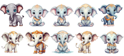 set of cute indian baby elephant Clipart Sticker on transparent isolated Background, PNG, generated ai