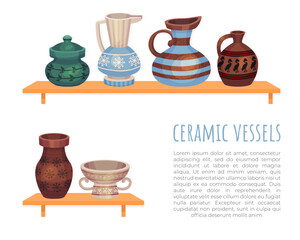 Ceramic Vessels and Pottery Banner with Vase on Shelf Vector Template