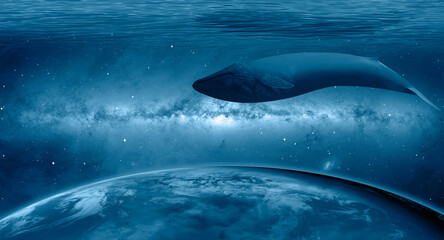 World oceans day concept with whale - Planet earth underwater with a beautiful outher space ...