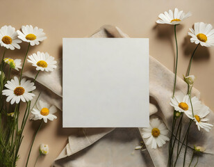 Top view of a white square hard paper paper sheet on a beige background, chamomile flower buds, muslin cloth, minimal, aesthetic, neutral beige background, top view, 8k, high detail - obrazy, fototapety, plakaty
