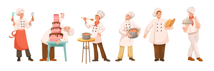 Man Chef Character in Uniform in Restaurant Cooking Meal Vector Set