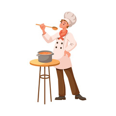 Man Chef Character in Uniform Taste Soup with Spoon in Restaurant Cooking Meal Vector Illustration