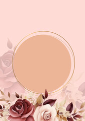 Red and beige watercolor hand painted background template for Invitation with flora and flower