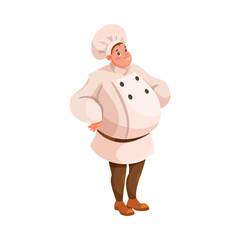 Fat Man Chef Character in Uniform in Restaurant Cooking Meal Vector Illustration