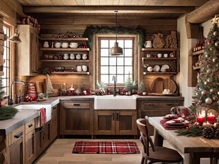 Cozy rustic retro kitchen with Christmas decor, utensils. Merry Christmas and Happy New Year greeting card, home warmth
