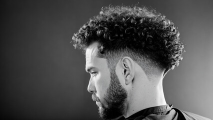 Profile of a man with curly hair in black and white