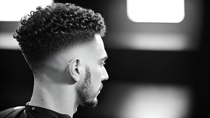 Man with short curly hair in black and white