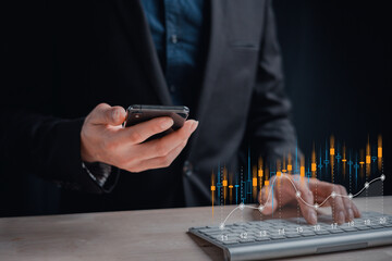 Businessman touch investment growth graph chart and analysing growth achievement diagram data trading and exchange, Stock market, Investment, dynamics of financial growth of business