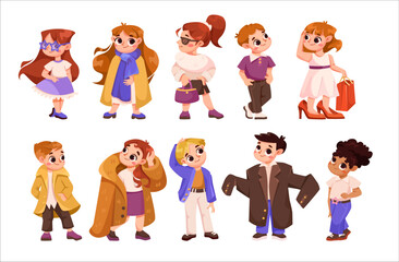 Stylish Children Characters Wear Fashion Apparel and Clothes Vector Set