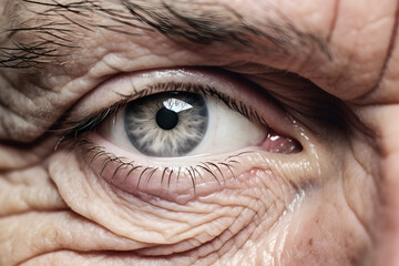 Close up of old man's blue eye with wrinkles on skin - Powered by Adobe
