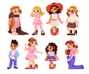 Children Dress Up as Adults Wearing Oversized Clothes Vector Set