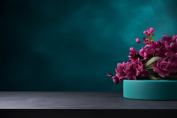 Podium with purple flowers on dark teal blue background with copy space