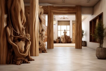 Tree trunk columns in rustic interior design of modern entrance hall with door. Created with generative AI, Generative AI - obrazy, fototapety, plakaty