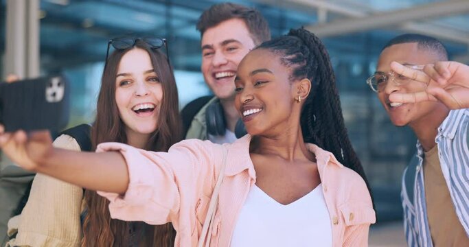 Students, friends and selfie at college, peace sign or diversity with smile for memory, post or blog. Men, women and emoji with photography for profile picture, live streaming or social network app