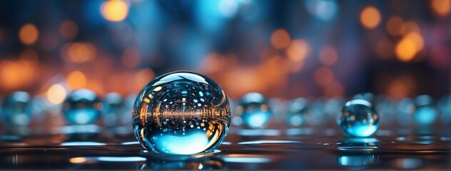 A glass ball with a reflection of a blurred city lights in it on a reflective surface with a blurry background - obrazy, fototapety, plakaty